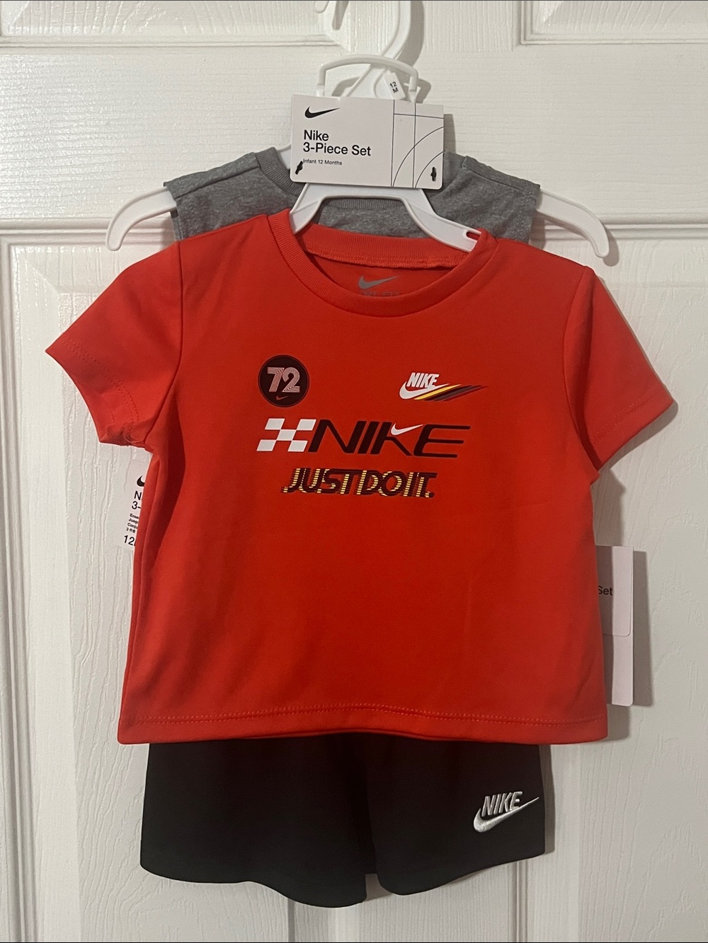 NWT Nike 3 Piece Boys Set 12 Months Orange Gray Black Tee Tank Shorts